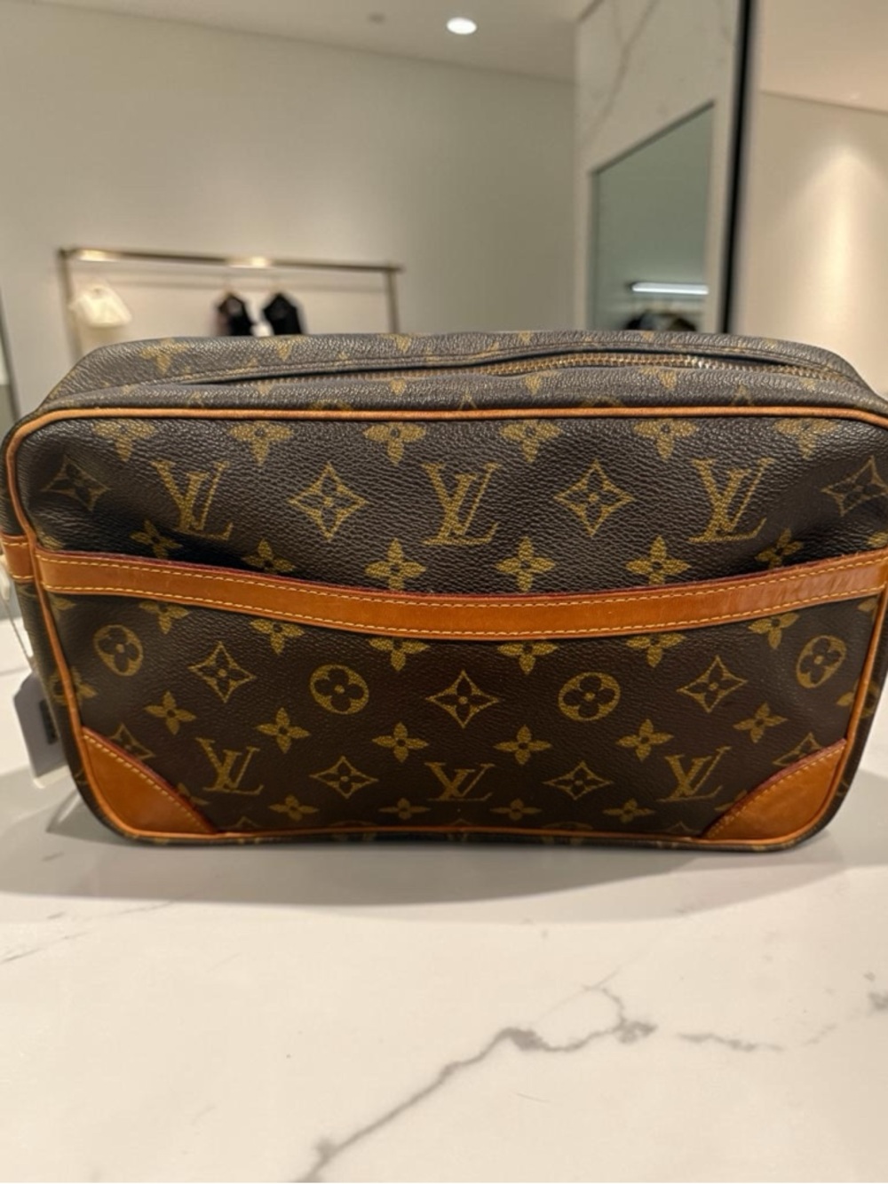 Louis Vuitton Brown Monogram Canvas Bag with Tan Leather Trim